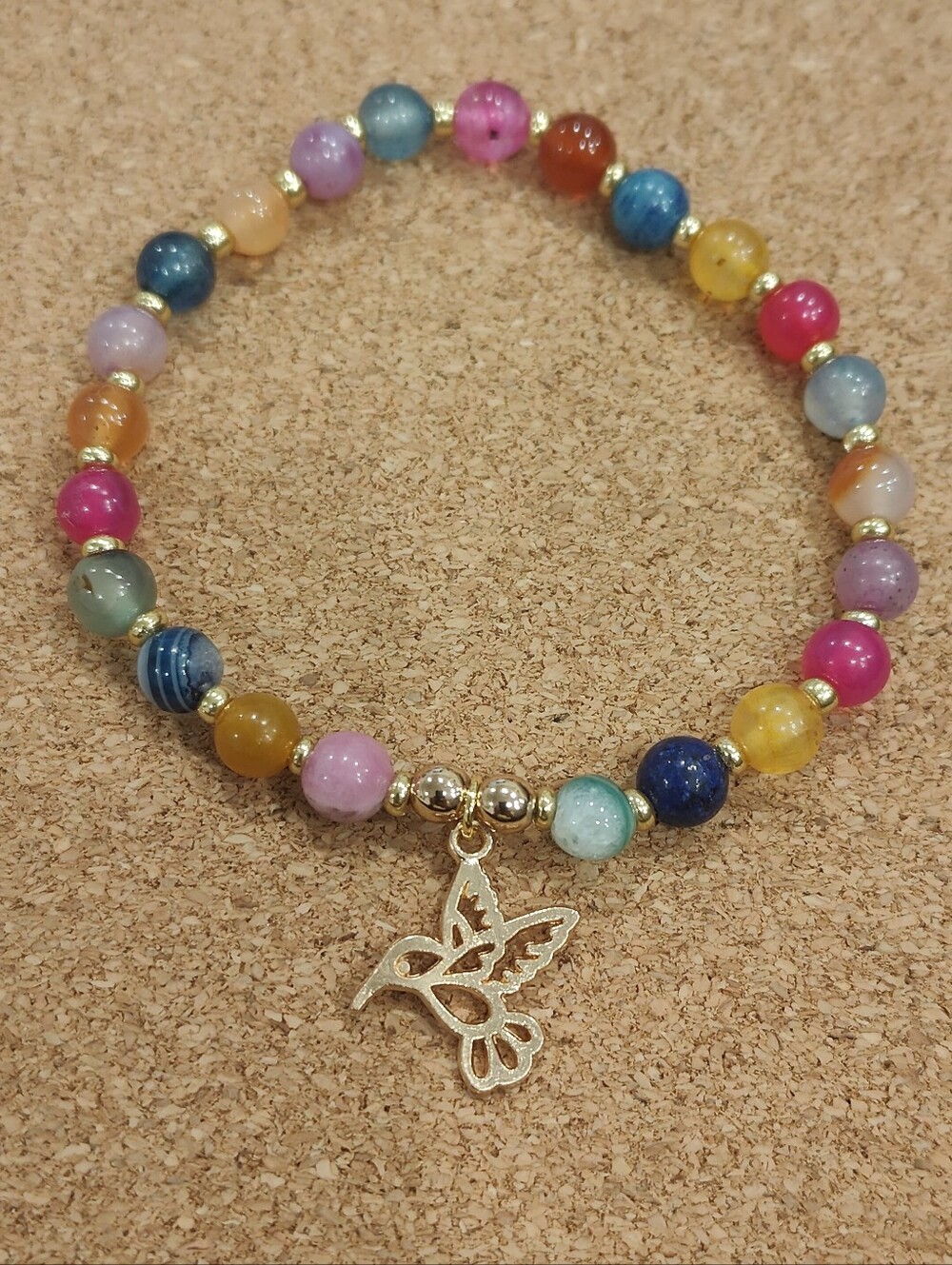 Gold Hummingbird Charm Multicolor Agate Beaded Bracelet